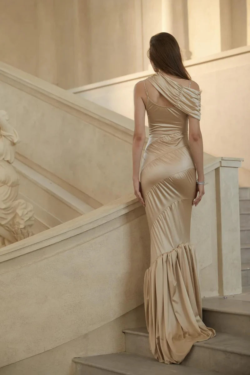 Glamorous Asymmetrical One Shoulder Ruched Detail Satin Mermaid Maxi Prom Dress With Ruffle Hem For Formal Evening Red Carpet