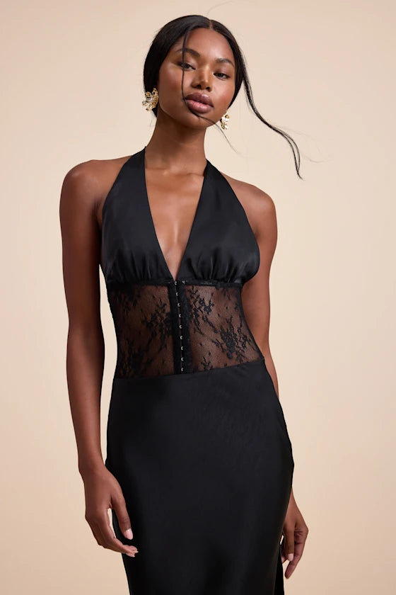 Glamorous Black Halter Neck Maxi Dress with Lace Corset Bodice and Open Back, Prom Dress