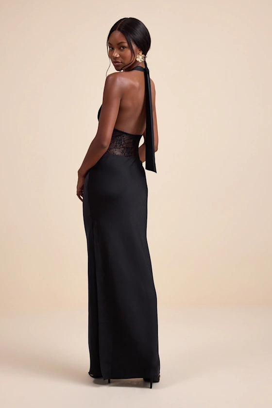 Glamorous Black Halter Neck Maxi Dress with Lace Corset Bodice and Open Back, Prom Dress