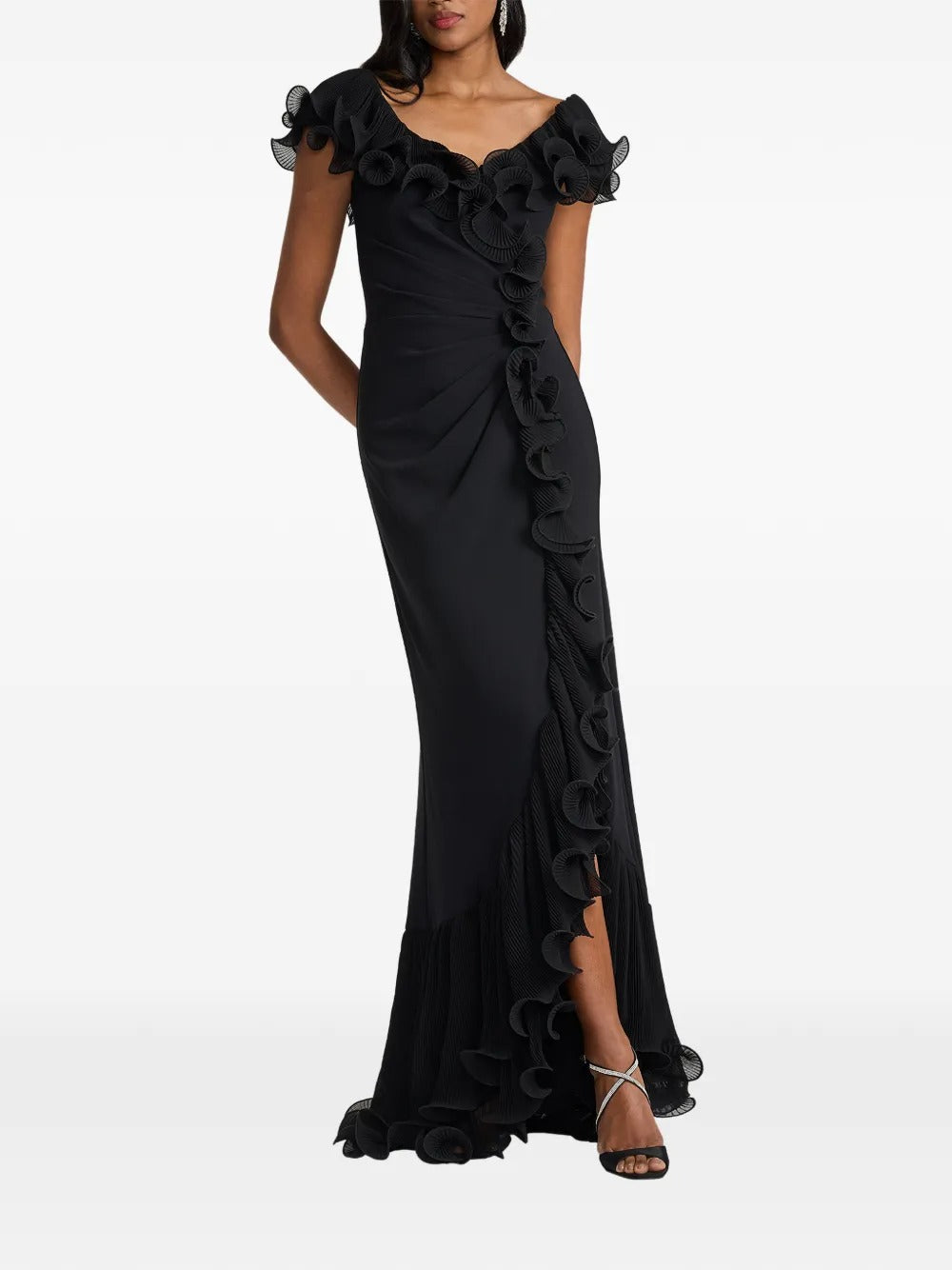 Glamorous Black Off-the-Shoulder Ruffle Trim Mermaid Evening Dress