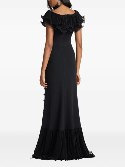 Glamorous Black Off-the-Shoulder Ruffle Trim Mermaid Evening Dress