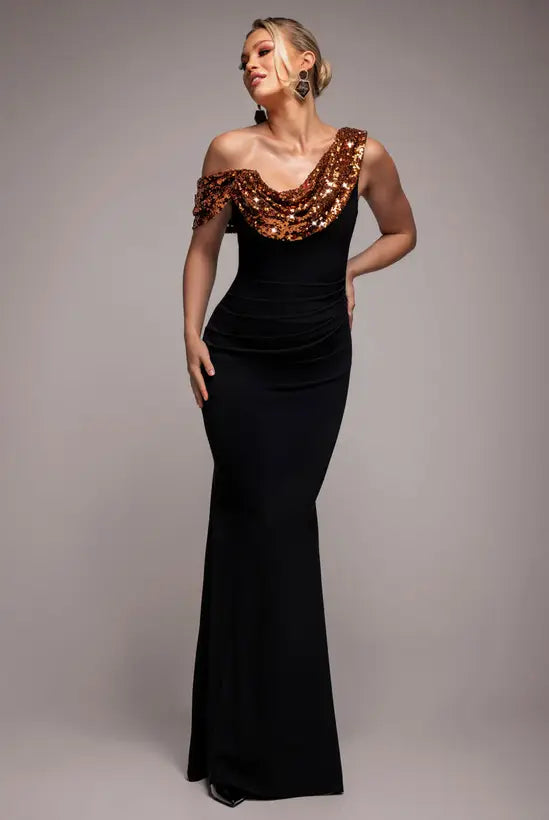 Glamorous Black One-Shoulder Mermaid Gown with Copper Sequin Ruffle Detail and Ruched Bodice, Prom Dress