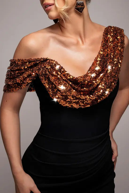 Glamorous Black One-Shoulder Mermaid Gown with Copper Sequin Ruffle Detail and Ruched Bodice, Prom Dress