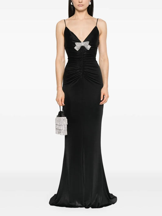 Glamorous Black Satin Crystal Bow-Detail Prom Dress