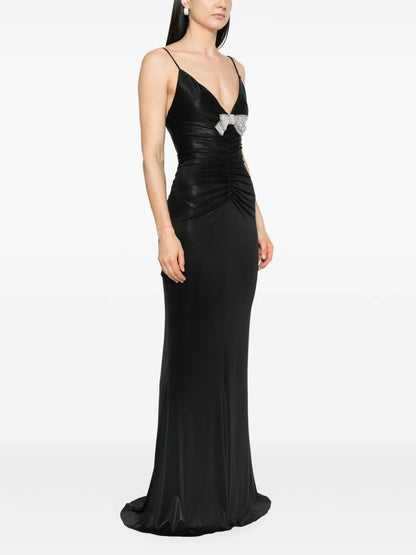 Glamorous Black Satin Crystal Bow-Detail Prom Dress
