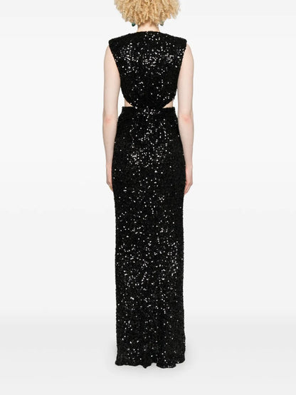 Glamorous Black Sequin Cutout Waist Evening Dress