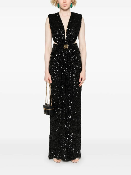 Glamorous Black Sequin Cutout Waist Evening Dress