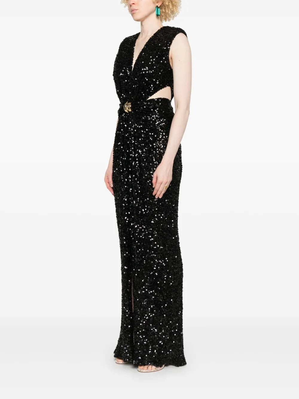 Glamorous Black Sequin Cutout Waist Evening Dress