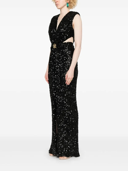 Glamorous Black Sequin Cutout Waist Evening Dress