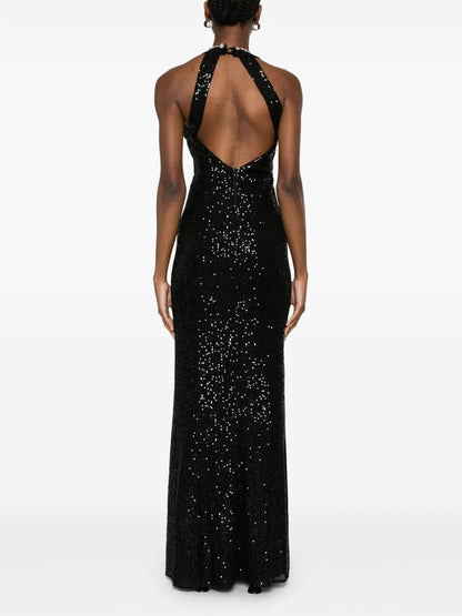 Glamorous Black Sequin Halter Crystal Trim Evening Dress