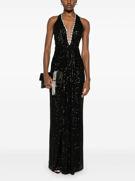 Glamorous Black Sequin Halter Crystal Trim Evening Dress