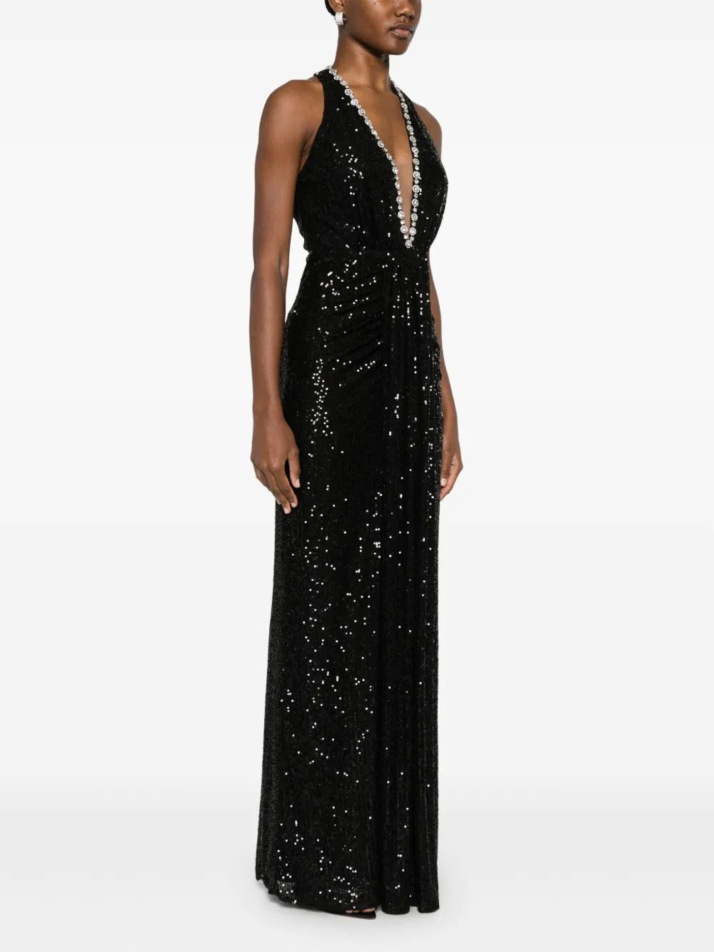 Glamorous Black Sequin Halter Crystal Trim Evening Dress