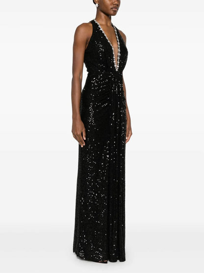 Glamorous Black Sequin Halter Crystal Trim Evening Dress