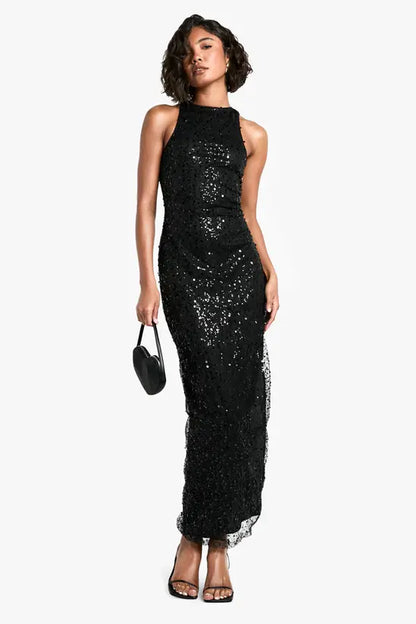 Glamorous Black Sequin Halter Neck Maxi Dress with High Side Slit and Scalloped Hem, Prom Dress