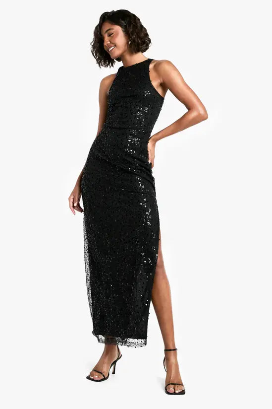 Glamorous Black Sequin Halter Neck Maxi Dress with High Side Slit and Scalloped Hem, Prom Dress