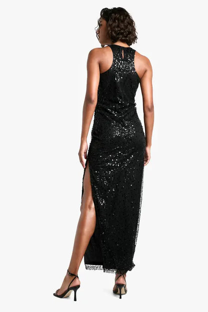 Glamorous Black Sequin Halter Neck Maxi Dress with High Side Slit and Scalloped Hem, Prom Dress