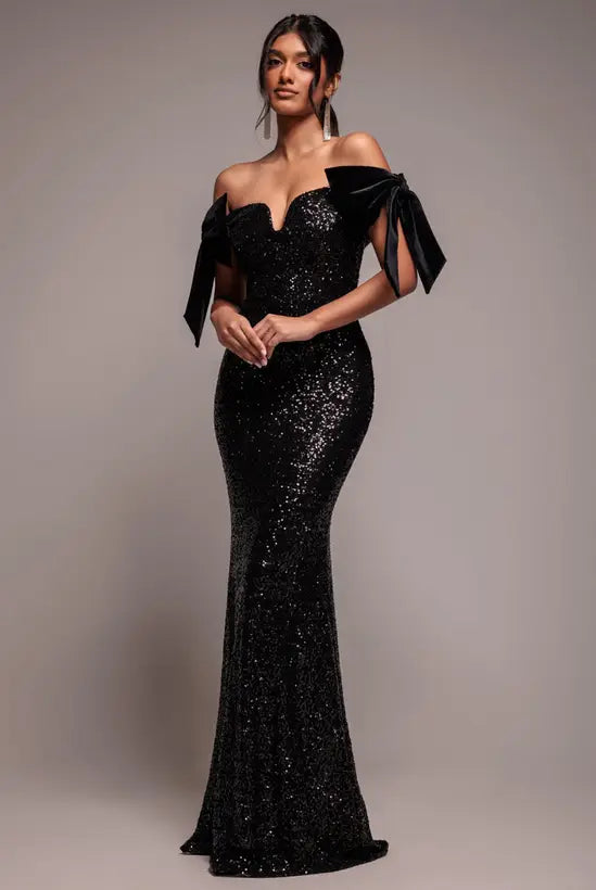 Glamorous Black Sequin Off-the-Shoulder Mermaid Gown with Velvet Bow Detail, Prom Dress