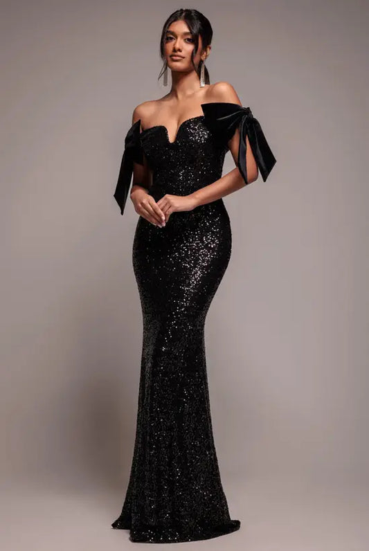 Glamorous Black Sequin Off-the-Shoulder Mermaid Gown with Velvet Bow Detail, Prom Dress