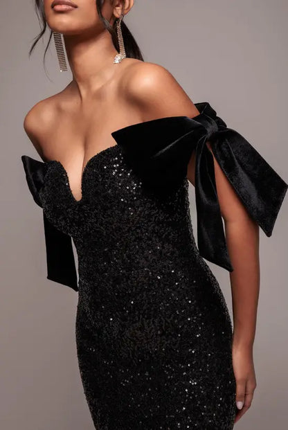 Glamorous Black Sequin Off-the-Shoulder Mermaid Gown with Velvet Bow Detail, Prom Dress