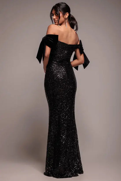 Glamorous Black Sequin Off-the-Shoulder Mermaid Gown with Velvet Bow Detail, Prom Dress