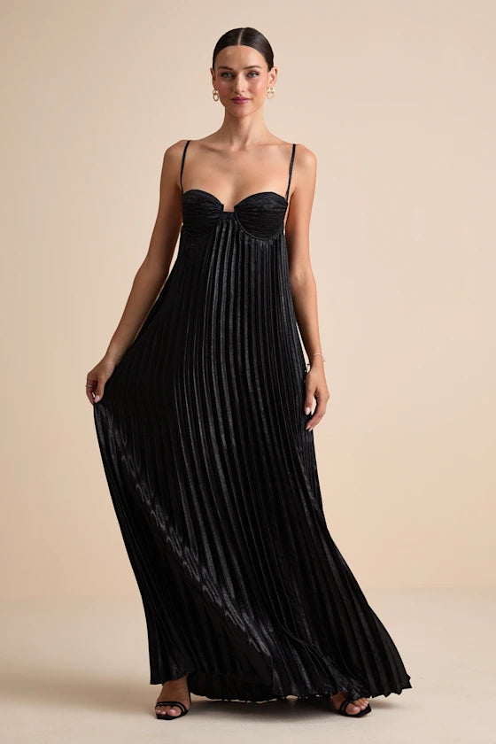 Glamorous Black Spaghetti Strap Maxi Dress with Pleated Metallic Fabric and Cross-Back Detail, Prom Dress