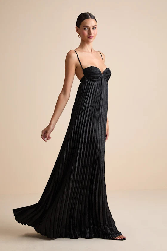 Glamorous Black Spaghetti Strap Maxi Dress with Pleated Metallic Fabric and Cross-Back Detail, Prom Dress