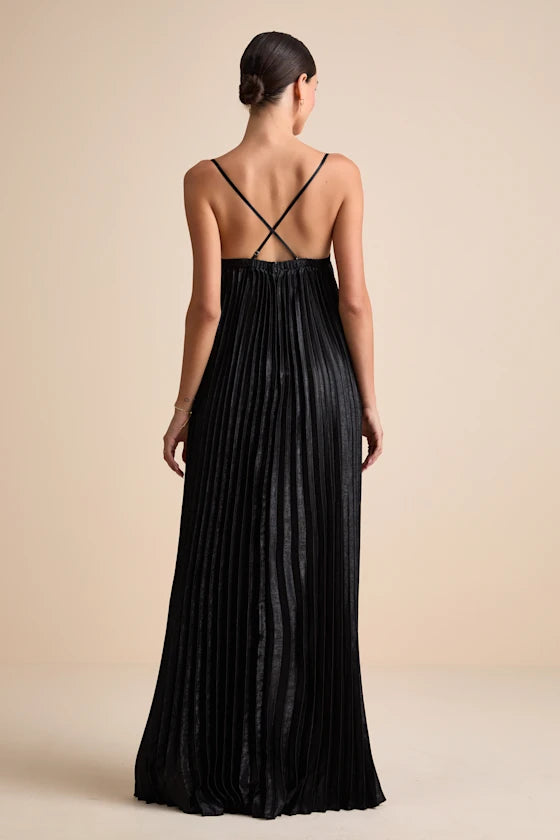 Glamorous Black Spaghetti Strap Maxi Dress with Pleated Metallic Fabric and Cross-Back Detail, Prom Dress