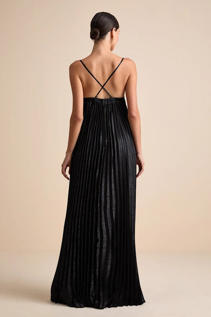 Glamorous Black Spaghetti Strap Maxi Dress with Pleated Metallic Fabric and Cross-Back Detail, Prom Dress
