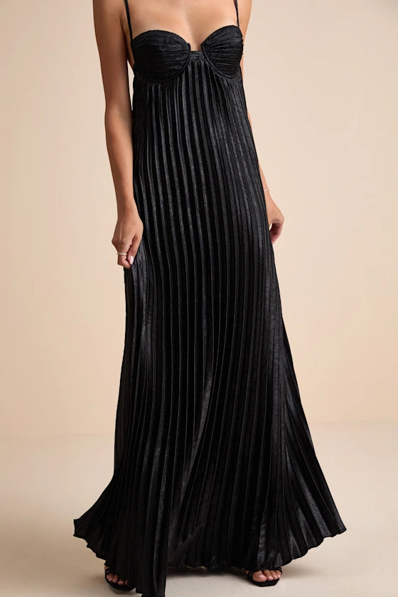 Glamorous Black Spaghetti Strap Maxi Dress with Pleated Metallic Fabric and Cross-Back Detail, Prom Dress