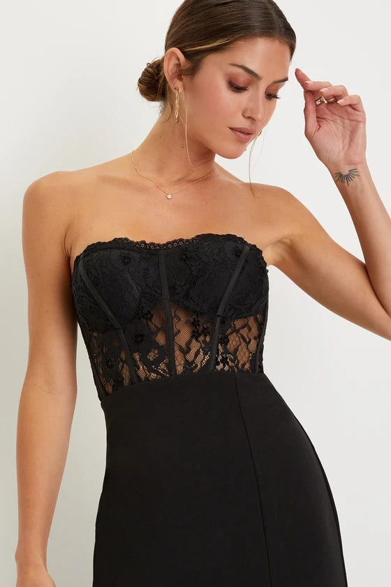 Glamorous Black Strapless Mermaid Gown with Lace Corset Bodice and High Side Slit, Prom Dress