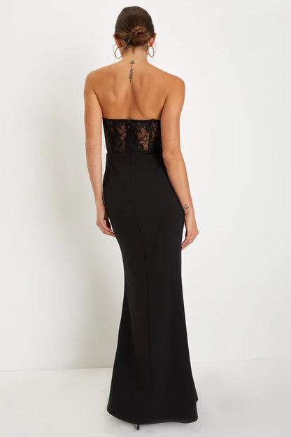 Glamorous Black Strapless Mermaid Gown with Lace Corset Bodice and High Side Slit, Prom Dress
