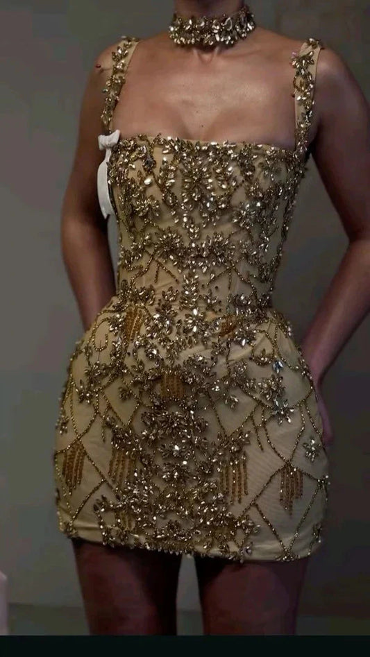 Glamorous Bodycon Square Neck Sleeveless Gold Beaded and Crystal Embellished Nude Mesh Mini Homecoming Dress with Corset Waist for Formal Events