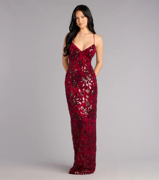 Glamorous Burgundy Sequin Floral Applique Spaghetti Strap Lace-Up Back Prom Dress