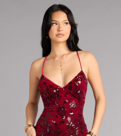 Glamorous Burgundy Sequin Floral Applique Spaghetti Strap Lace-Up Back Prom Dress