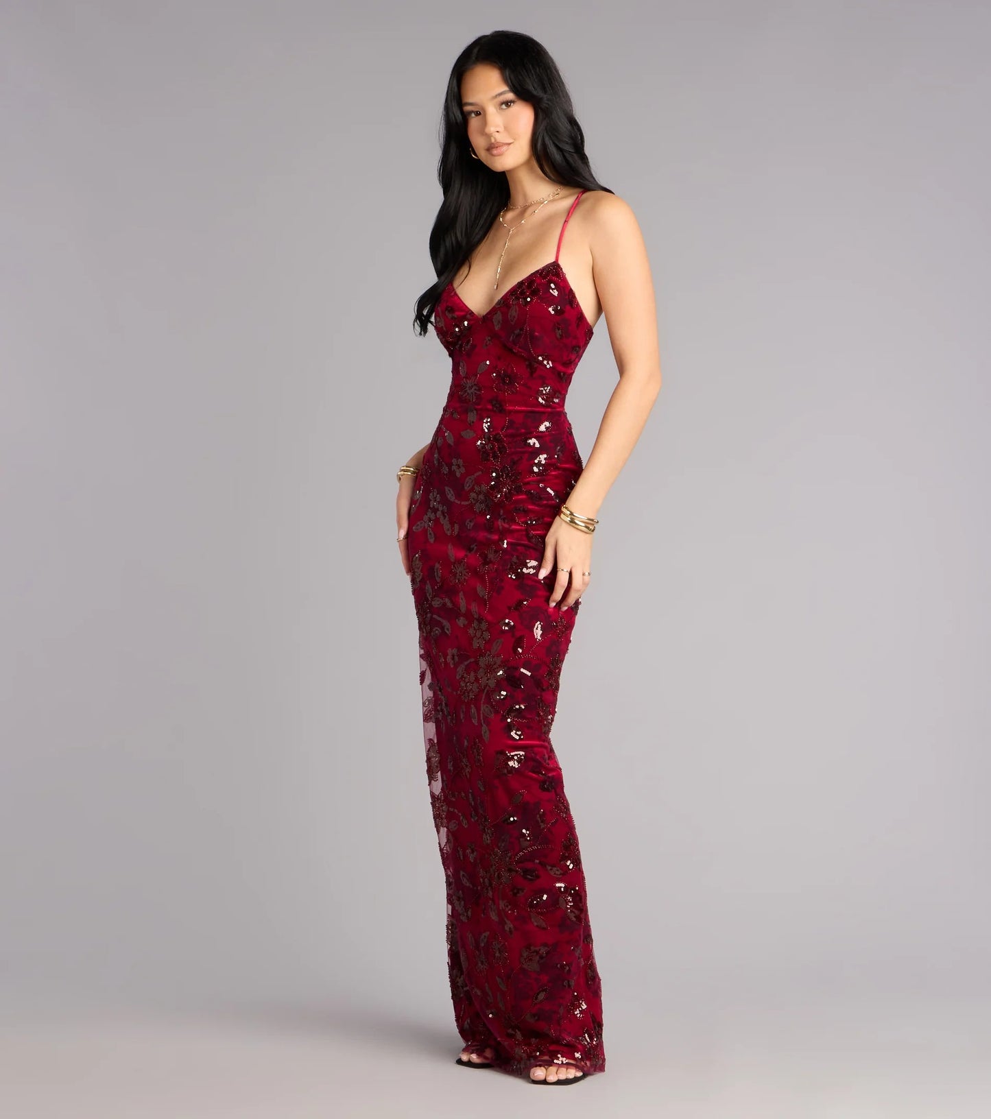 Glamorous Burgundy Sequin Floral Applique Spaghetti Strap Lace-Up Back Prom Dress