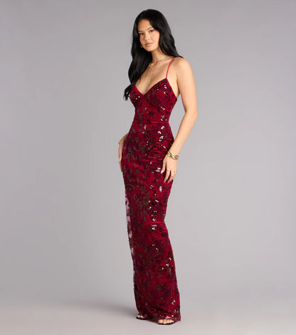 Glamorous Burgundy Sequin Floral Applique Spaghetti Strap Lace-Up Back Prom Dress