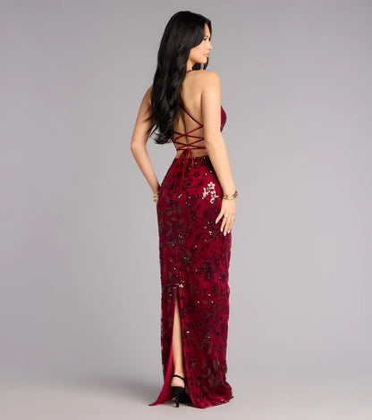 Glamorous Burgundy Sequin Floral Applique Spaghetti Strap Lace-Up Back Prom Dress
