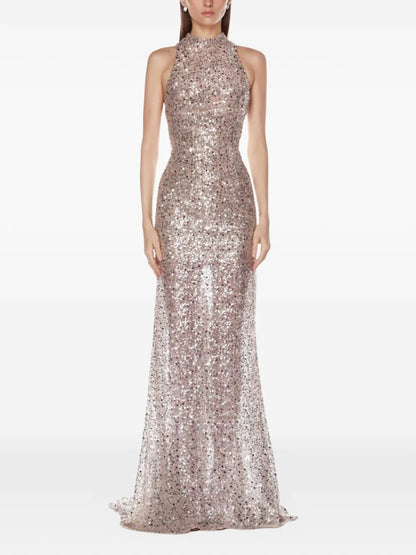 Glamorous Champagne Sequin Halter-Neck Mermaid Prom Dress