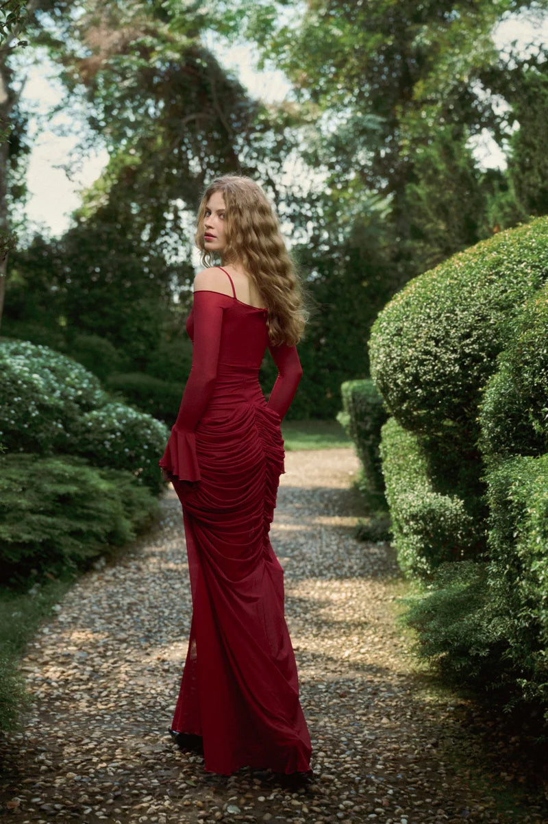 Glamorous Cold Shoulder Long Flare Sleeve Ruched Detail Mesh Mermaid Maxi Prom Dress For Formal Evening Red Carpet