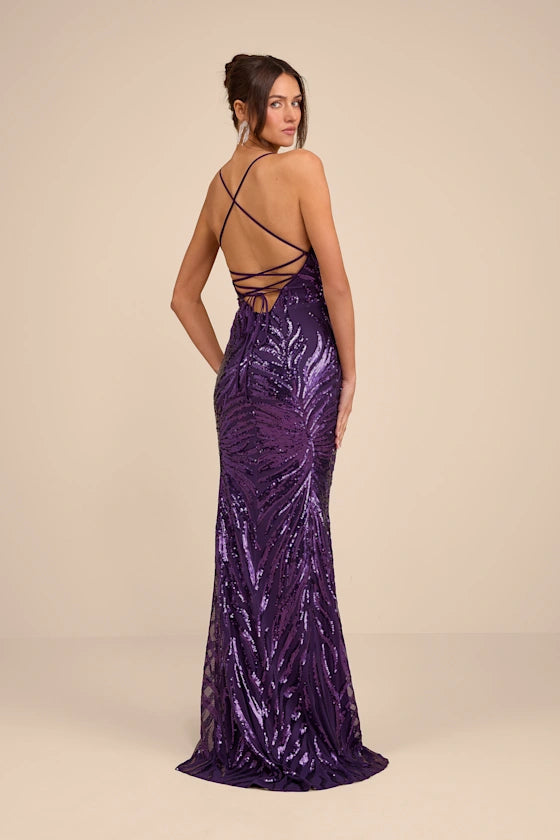 Glamorous Deep Purple Spaghetti Strap Mermaid Gown with Swirl Sequin Embellishments and Lace-Up Back, Prom Dress