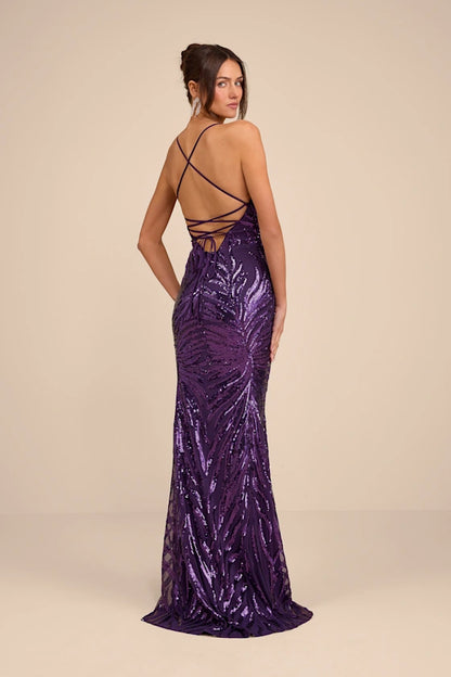 Glamorous Deep Purple Spaghetti Strap Mermaid Gown with Swirl Sequin Embellishments and Lace-Up Back, Prom Dress