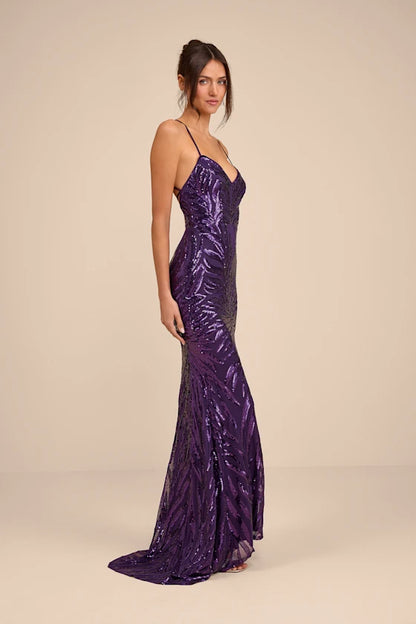 Glamorous Deep Purple Spaghetti Strap Mermaid Gown with Swirl Sequin Embellishments and Lace-Up Back, Prom Dress