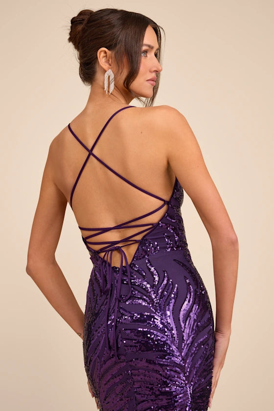 Glamorous Deep Purple Spaghetti Strap Mermaid Gown with Swirl Sequin Embellishments and Lace-Up Back, Prom Dress