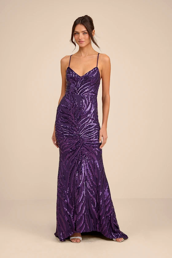 Glamorous Deep Purple Spaghetti Strap Mermaid Gown with Swirl Sequin Embellishments and Lace-Up Back, Prom Dress