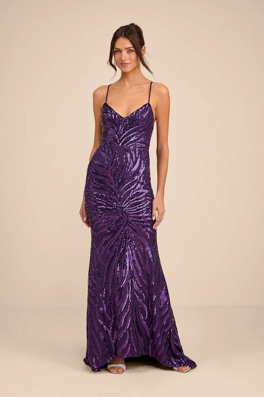 Glamorous Deep Purple Spaghetti Strap Mermaid Gown with Swirl Sequin Embellishments and Lace-Up Back, Prom Dress
