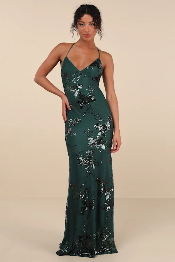 Glamorous Emerald Green V-Neck Mermaid Gown with Iridescent Sequin Floral Embellishments and Lace-Up Back, Prom Dress