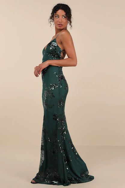 Glamorous Emerald Green V-Neck Mermaid Gown with Iridescent Sequin Floral Embellishments and Lace-Up Back, Prom Dress