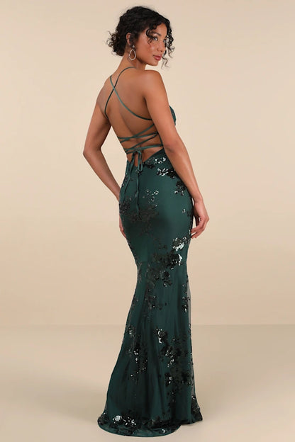 Glamorous Emerald Green V-Neck Mermaid Gown with Iridescent Sequin Floral Embellishments and Lace-Up Back, Prom Dress