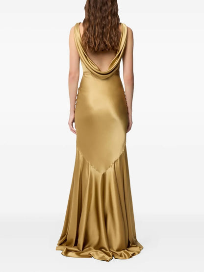Glamorous Gold Satin Bateau-Neck Prom Dress