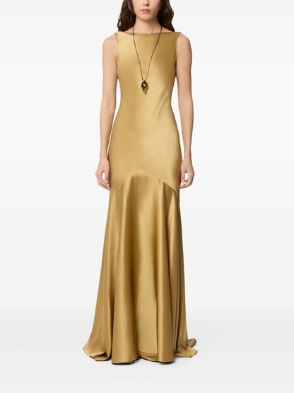 Glamorous Gold Satin Bateau-Neck Prom Dress